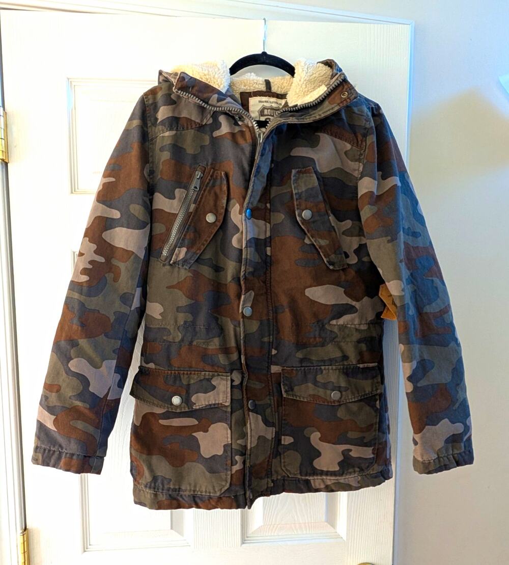 Vintage Route 66 Men's Camo Hooded Lined Parka Jacket Stand-Up Collar Size S